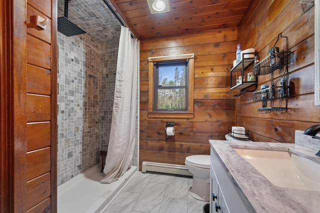 93 Roller Coaster Rd, Laconia, NH 03246 - bathroom featuring baseboard heating, a shower stall, wooden walls, toilet, and wooden ceiling