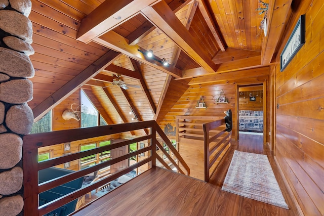 93 Roller Coaster Rd, Laconia, NH 03246 - corridor with an upstairs landing, wooden ceiling, wood walls, and wood finished floors