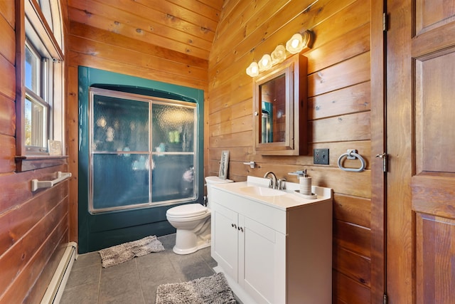 93 Roller Coaster Rd, Laconia, NH 03246 - bathroom with wood walls, toilet, vanity, a baseboard heating unit, and tile patterned floors