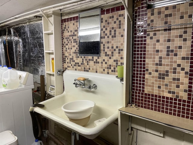 60 Effingham Rd, Ossipee, NH 03864 - bathroom with washer / dryer and tile walls