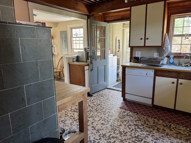 60 Effingham Rd, Ossipee, NH 03864 - kitchen featuring white dishwasher, stainless steel microwave, a sink, electric panel, and white cabinets