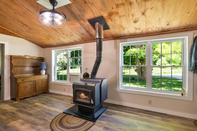 detailed view of wood ceiling, a wood stove, wood finished floors, and baseboards
