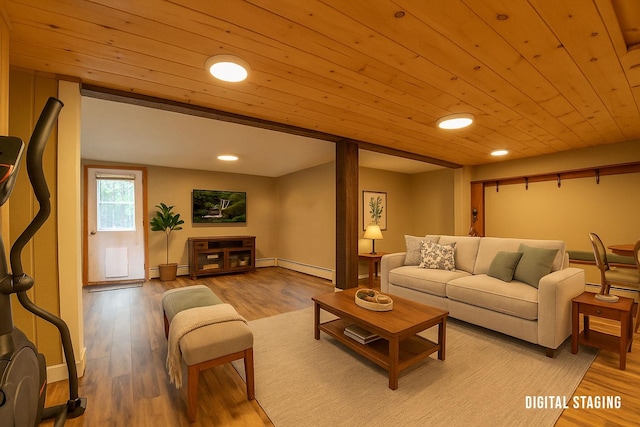 living area featuring a baseboard heating unit, recessed lighting, wood finished floors, and wood ceiling
