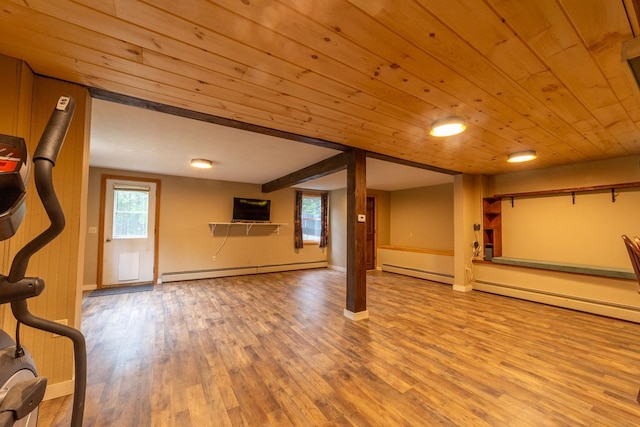 basement with a baseboard heating unit, wood finished floors, baseboards, and wooden ceiling
