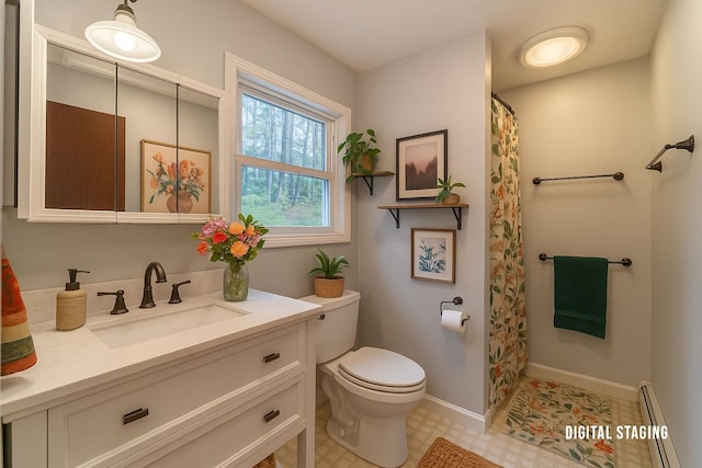 bathroom with toilet, a baseboard radiator, vanity, a shower with shower curtain, and baseboards