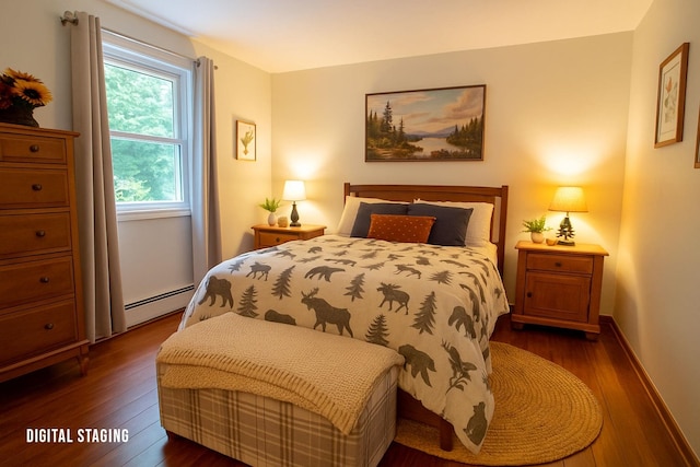 bedroom featuring a baseboard radiator, dark wood-style flooring, and baseboards