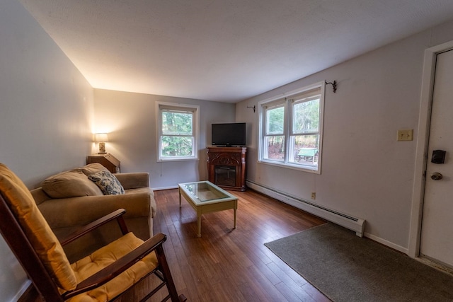 living area featuring baseboard heating, wood finished floors, a glass covered fireplace, and baseboards