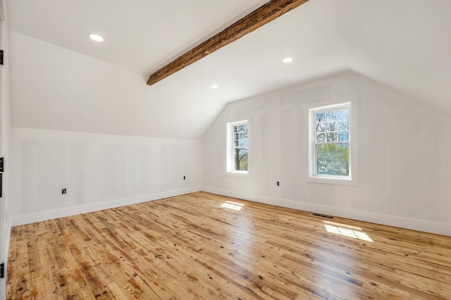 bonus room with lofted ceiling, wood-type flooring, baseboards, and recessed lighting
