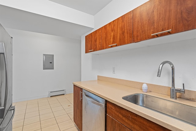 193 St Paul St Unit 101, Burlington, VT 05401 - kitchen with stainless steel dishwasher, a sink, electric panel, light countertops, and a baseboard radiator