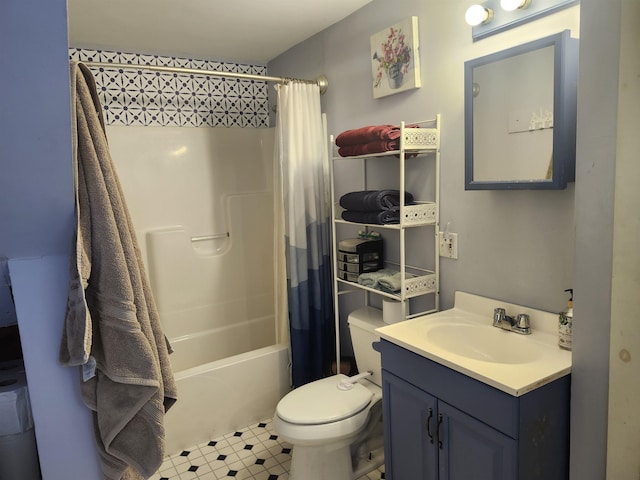 full bath with toilet, vanity, and shower / bath combination with curtain