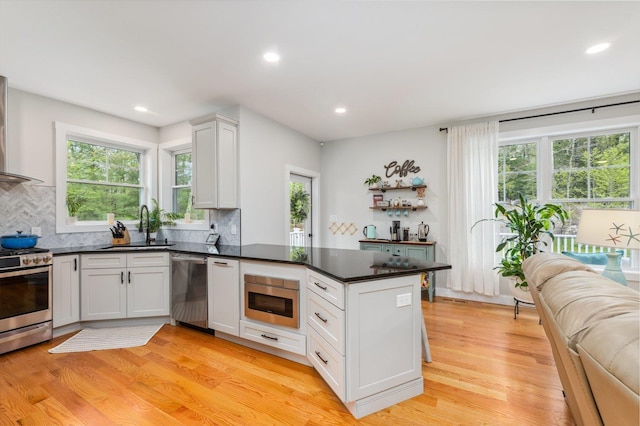 11 Carriage Hill Rd, Wilton, NH 03086 - kitchen featuring appliances with stainless steel finishes, a peninsula, tasteful backsplash, light wood finished floors, and recessed lighting