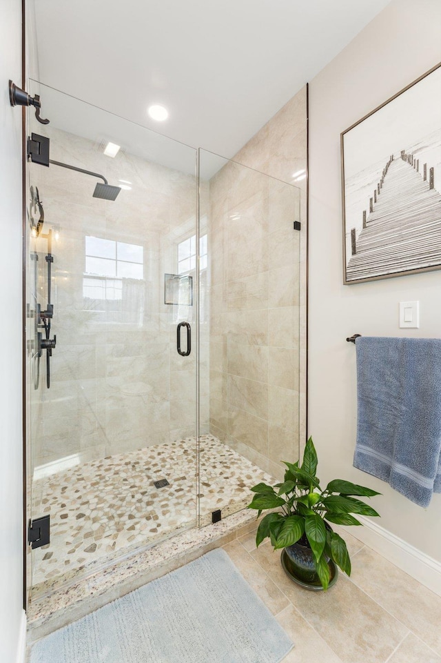 11 Carriage Hill Rd, Wilton, NH 03086 - bathroom featuring tile patterned flooring, baseboards, a shower stall, and recessed lighting