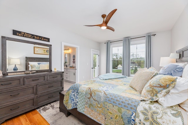 11 Carriage Hill Rd, Wilton, NH 03086 - bedroom featuring connected bathroom, a ceiling fan, light wood finished floors, and access to outside