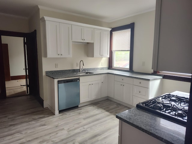 489 Hanover St, Manchester, NH 03104 - kitchen with stainless steel dishwasher, a sink, ornamental molding, white cabinetry, and light wood finished floors
