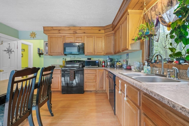 28 Putnam Hill Rd, Lyndeborough, NH 03082 - kitchen with black appliances, a sink, light wood-style flooring, a textured ceiling, and light countertops