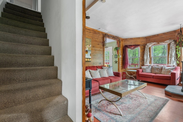 28 Putnam Hill Rd, Lyndeborough, NH 03082 - living room with stairs, wood finished floors, and wood walls