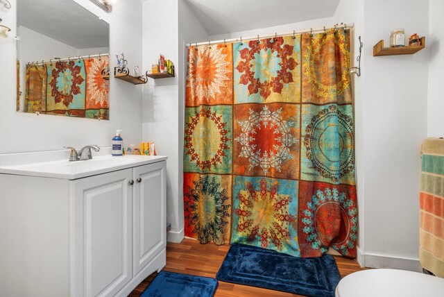 28 Putnam Hill Rd, Lyndeborough, NH 03082 - bathroom featuring wood finished floors, vanity, toilet, and curtained shower