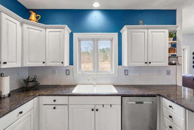 38 Farmington Rd, Nashua, NH 03060 - kitchen featuring dishwasher, a sink, white cabinetry, open shelves, and tasteful backsplash