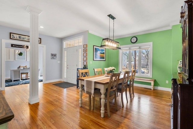 38 Farmington Rd, Nashua, NH 03060 - dining space featuring baseboards, light wood-style flooring, decorative columns, and recessed lighting