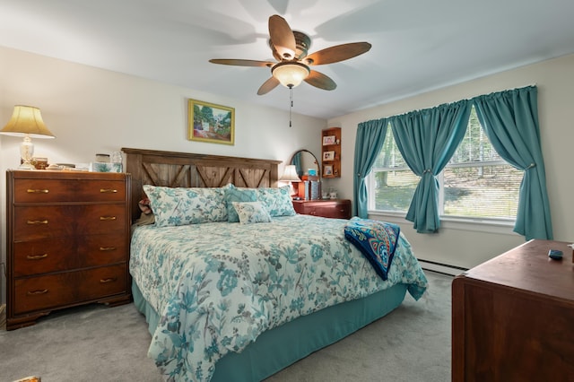 15 Garys Dr, Littleton, NH 03561 - bedroom with light colored carpet, a baseboard heating unit, and a ceiling fan