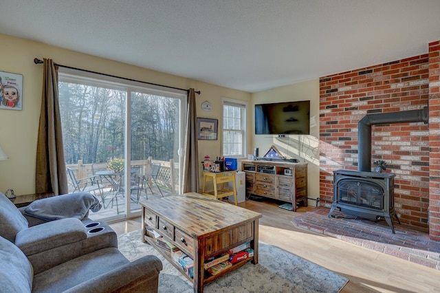 45 Haynesville Ave Unit 3, Conway, NH 03818 - living room with a wood stove and wood finished floors