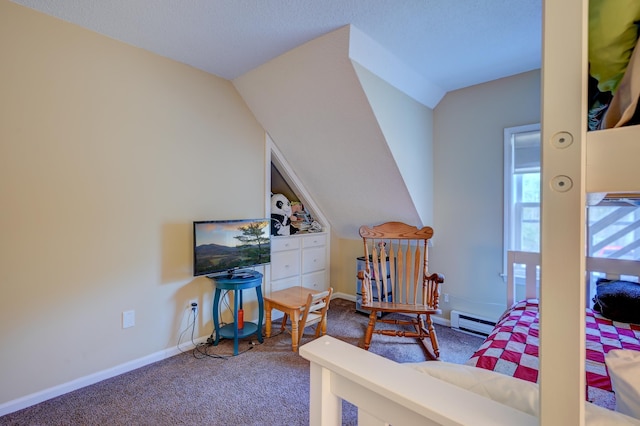 45 Haynesville Ave Unit 3, Conway, NH 03818 - bedroom featuring carpet flooring, a baseboard heating unit, baseboards, and vaulted ceiling
