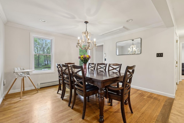dining area featuring a chandelier, baseboards, crown molding, light wood finished floors, and a baseboard radiator