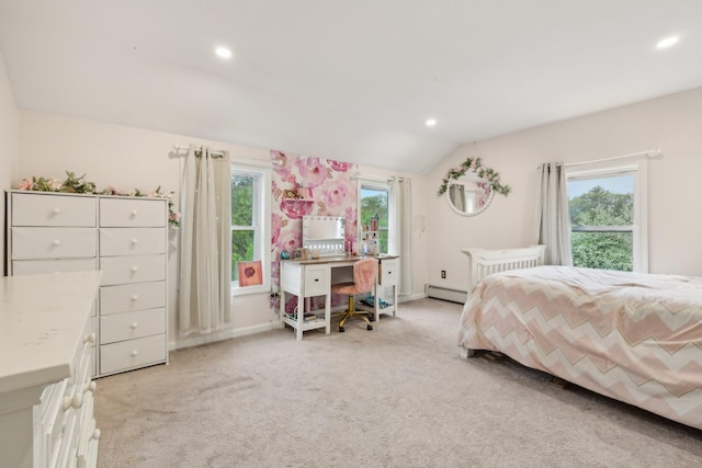 bedroom featuring baseboard heating, light colored carpet, recessed lighting, lofted ceiling, and baseboards