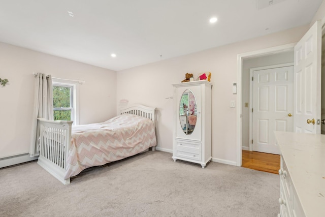 bedroom featuring carpet, recessed lighting, and baseboards
