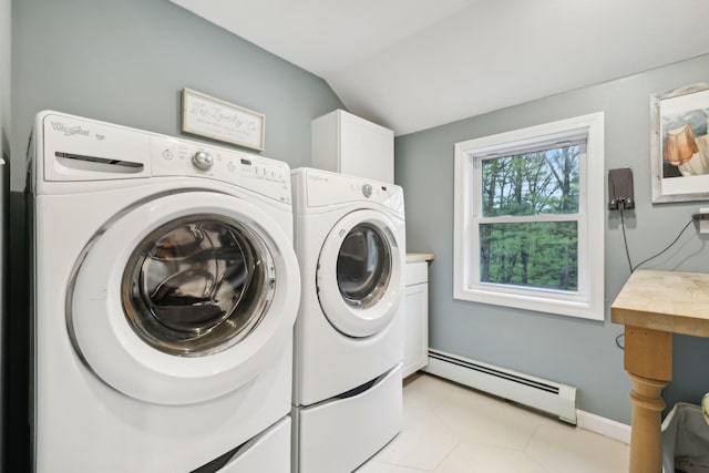 laundry area with a baseboard radiator, washer and dryer, cabinet space, baseboards, and light tile patterned floors