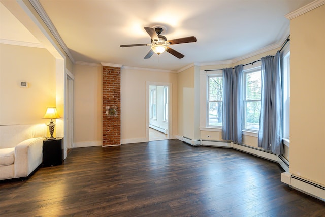 unfurnished living room with a baseboard heating unit, wood finished floors, a ceiling fan, ornamental molding, and baseboards