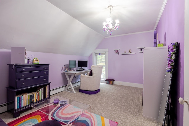 carpeted home office featuring a baseboard radiator, lofted ceiling, a chandelier, baseboards, and ornamental molding
