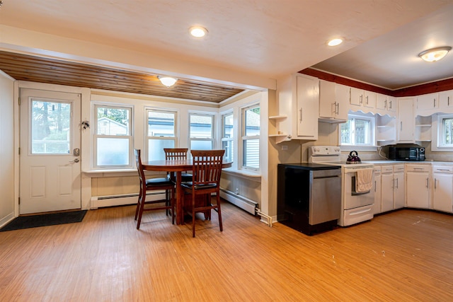 kitchen featuring white electric range oven, open shelves, baseboard heating, light wood-style floors, and recessed lighting