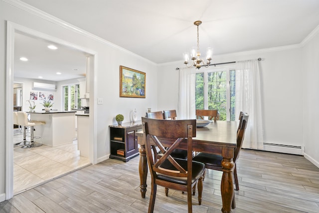 15 Roosevelt Dr, Bedford, NH 03110 - dining area featuring a chandelier, a baseboard heating unit, light wood-type flooring, a wall unit AC, and ornamental molding