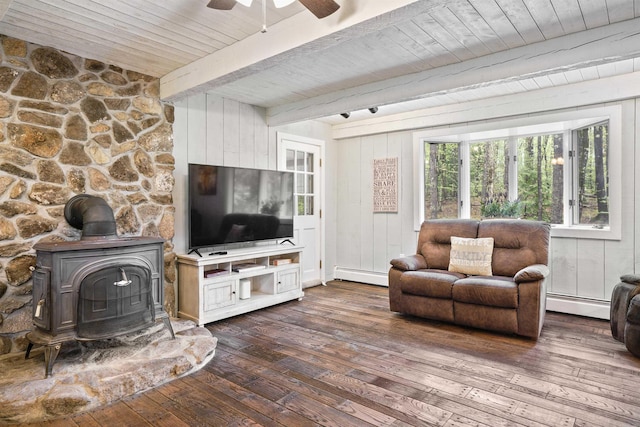 15 Roosevelt Dr, Bedford, NH 03110 - living area with a wood stove, a baseboard heating unit, wood ceiling, beamed ceiling, and dark wood-type flooring