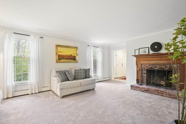 15 Roosevelt Dr, Bedford, NH 03110 - carpeted living area featuring ornamental molding, a fireplace, and baseboard heating
