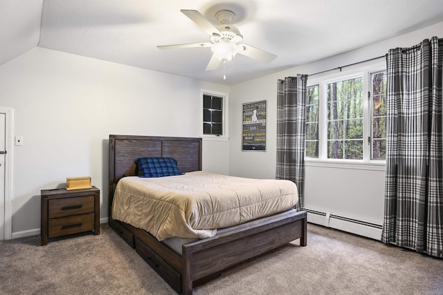 15 Roosevelt Dr, Bedford, NH 03110 - bedroom with a baseboard radiator, carpet floors, ceiling fan, baseboards, and vaulted ceiling
