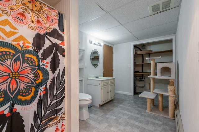 113 Watchtower Rd, Hopkinton, NH 03229 - full bath featuring vanity, toilet, baseboards, a paneled ceiling, and curtained shower