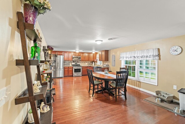 dining room featuring wood finished floors, electric panel, and baseboards