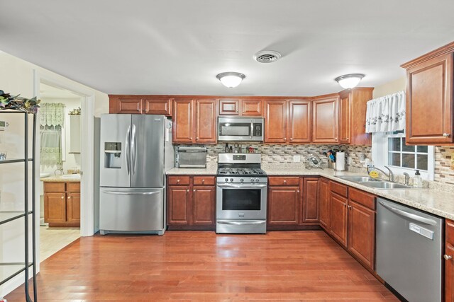 kitchen featuring stainless steel appliances, a sink, tasteful backsplash, and light wood-style flooring