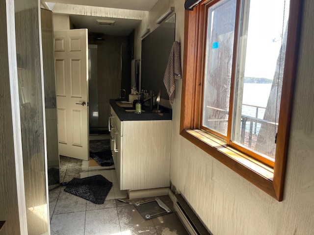bathroom with healthy amount of natural light and a water view