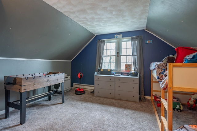 bedroom featuring a baseboard heating unit, vaulted ceiling, baseboards, a textured ceiling, and carpet flooring