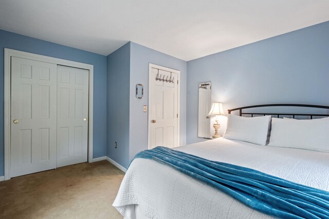 carpeted bedroom with baseboards and a closet