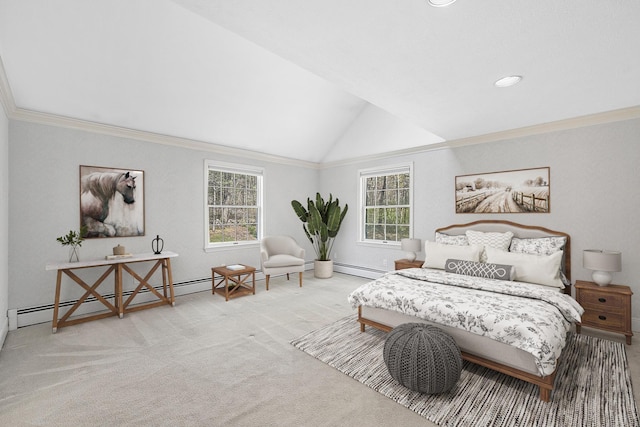carpeted bedroom with crown molding, vaulted ceiling, baseboard heating, and baseboards
