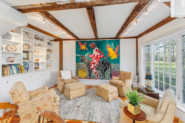 144 Parsons Rd, Dublin, NH 03444 - living area with rail lighting and beamed ceiling
