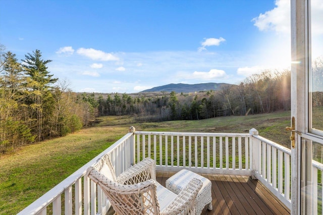 144 Parsons Rd, Dublin, NH 03444 - wooden terrace with a view of trees, a lawn, and a mountain view
