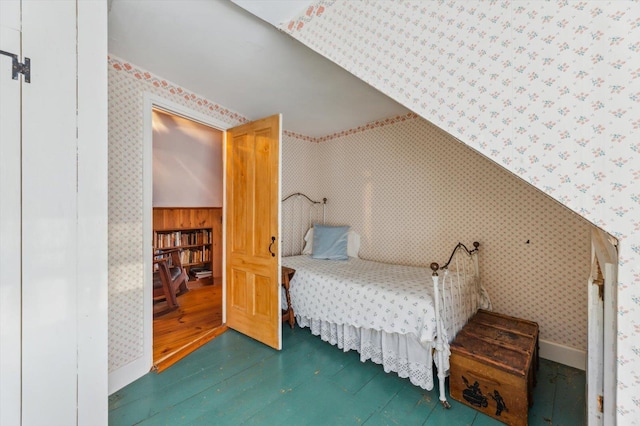 144 Parsons Rd, Dublin, NH 03444 - bedroom with wallpapered walls, baseboards, and dark wood-style flooring