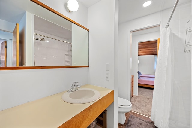 full bathroom with toilet, vanity, a shower with curtain, tile patterned flooring, and recessed lighting