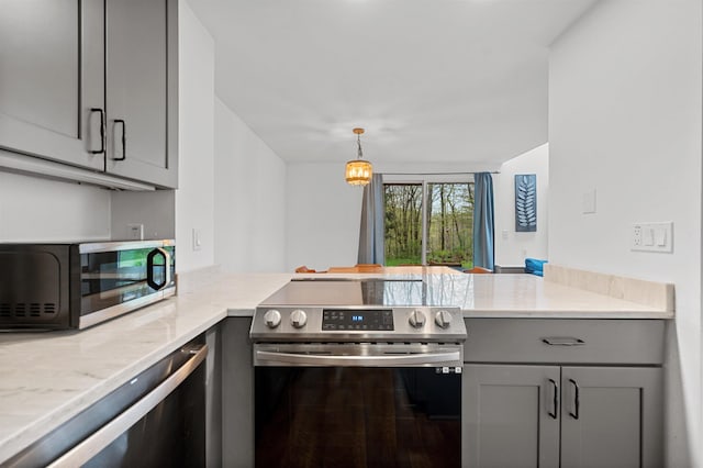kitchen with stainless steel range with electric stovetop, gray cabinetry, a peninsula, and dishwashing machine