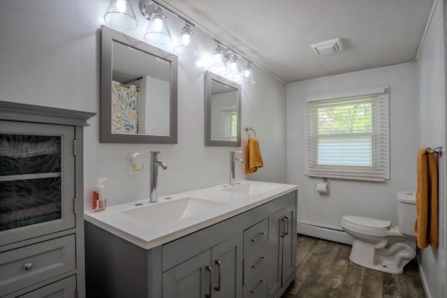 1 Alpine Rd, Windham, NH 03087 - full bathroom with a baseboard radiator, toilet, wood finished floors, a textured ceiling, and double vanity